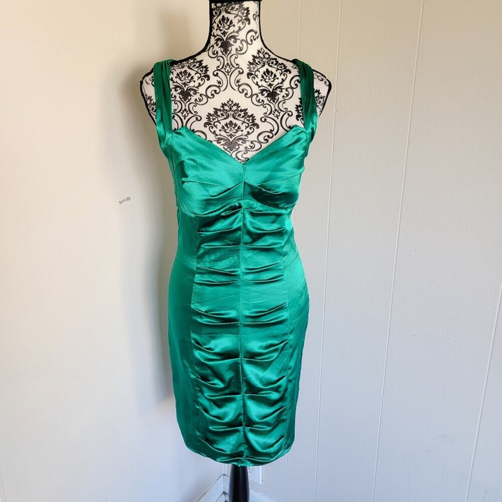 Morgan & Co. Emerald Green Satin Ruched Bodycon Dress